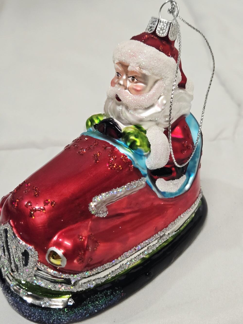 Santa In A Bumper Red Car Glass Ornament Christmas Holiday Decor Vtg 90's